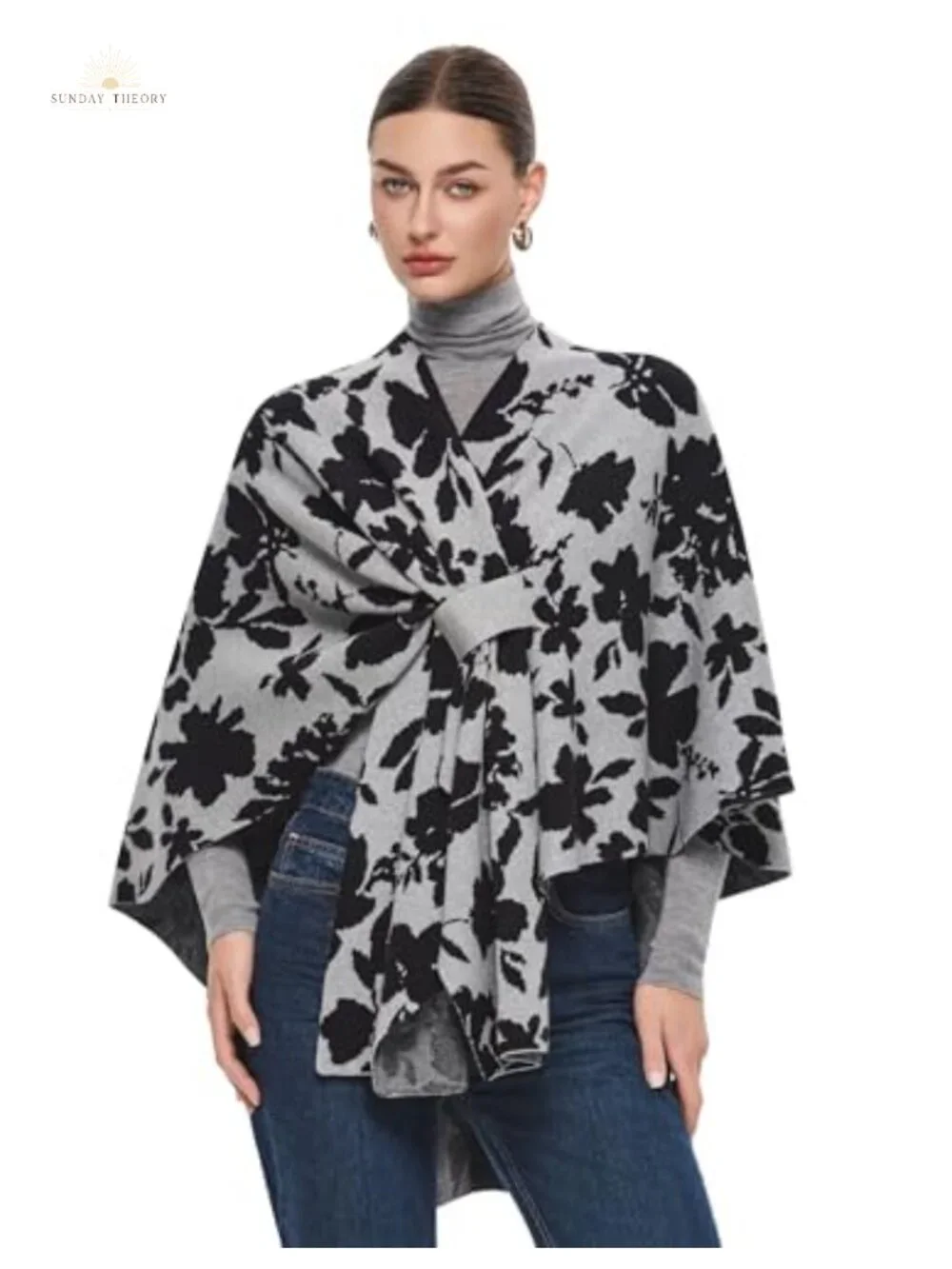 Elegant Shawl Wrap Open Front Poncho Sweater Soft Loop Tab Draped Cover Cardigan